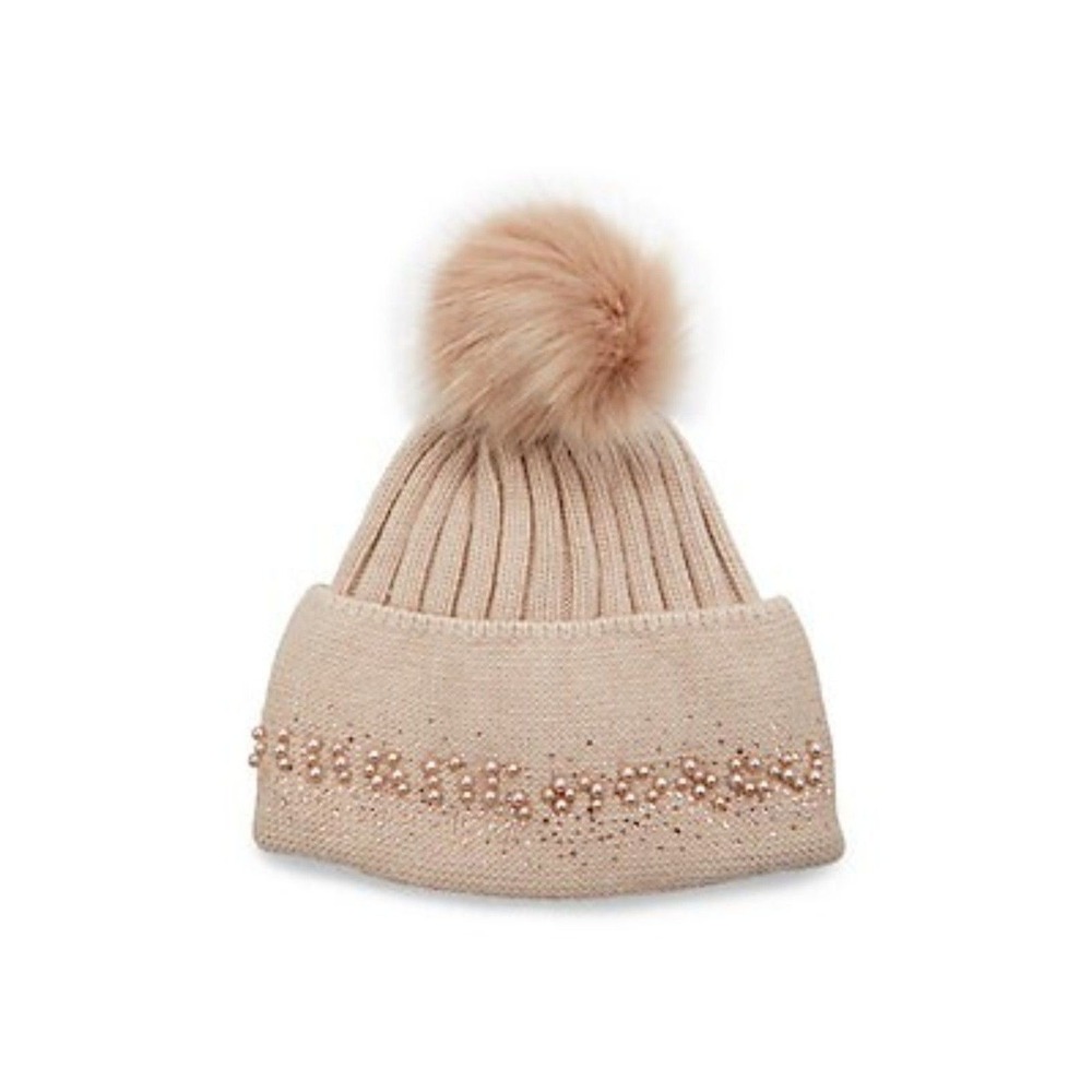 NWT Womens Adrienne Landau Blush Crystal Snowcore Beanie Faux Fur Pom -Cozy Luxe